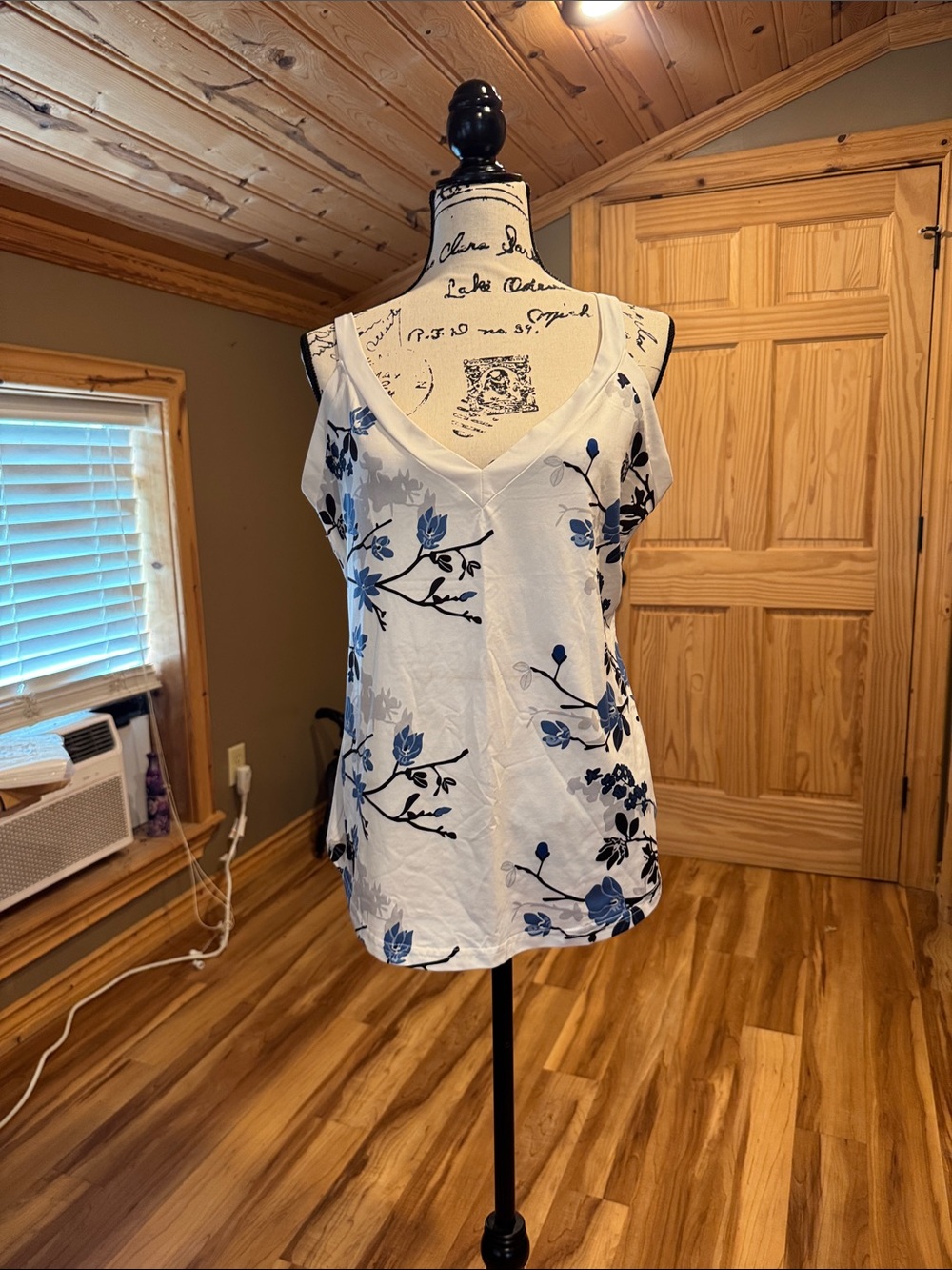 White & Blue Floral V-Neck Sleeveless Top - Women's